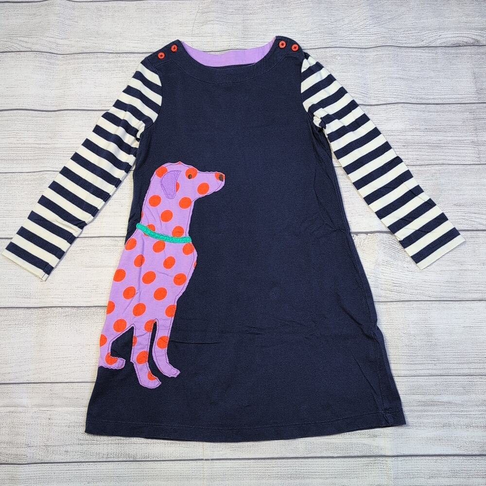 Mini Boden Navy Dress with Black-and-White Stripes and Pink Polka-Dot Dog